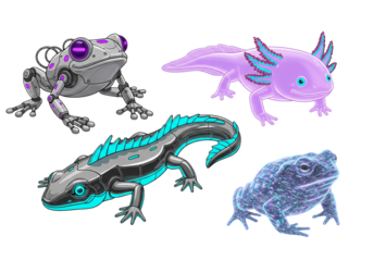 Collection of robotic, cybernetic, and holographic amphibian creatures on a black background.
