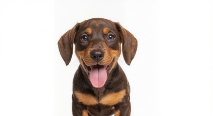 Obraz premium Cheerful Puppy Portrait Brown Dachshund with a Playful Smile on White Background, Radiating Happiness and Warmth