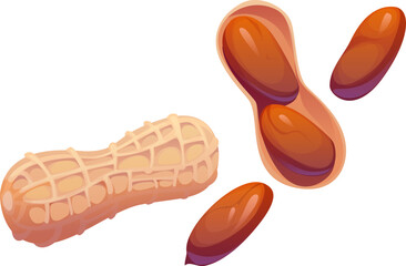 Cartoon whole and shelled peanuts, showing textured shells and shiny brown nuts, cooking process. Isolated vector snack, nutrition, food cook or baking scene with healthy natural seed ingredients