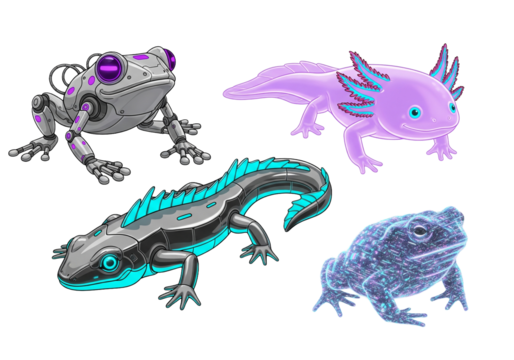 Collection of robotic, cybernetic, and holographic amphibian creatures on a black background.