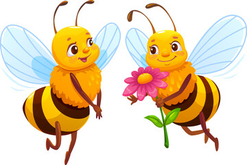 Cartoon honey bee characters couple flying, adorable insect giving flower to smiling partner. Romantic pair of bees in love, happy faces cute personages symbolizing spring, friendship and affection