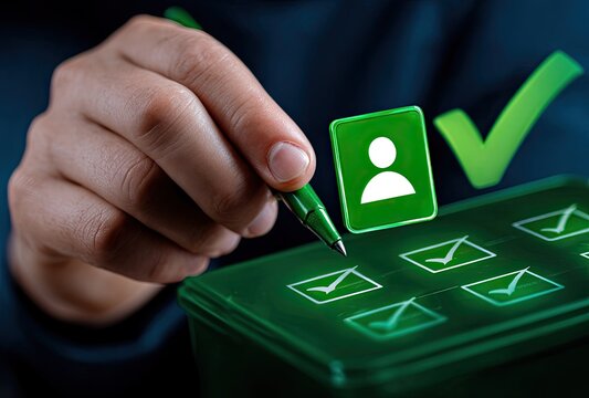 A hand with pen selecting a check box featuring a person icon, indicating a personnel or user selection