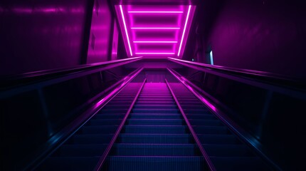 Dynamic neon illuminated escalator ascending in a modern architectural setting, perfect for futuristic designs