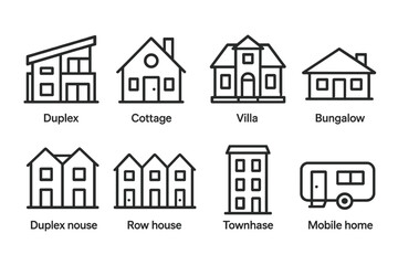 Fototapeta premium Collection of different house types: duplex, cottage, villa, bungalow, row house, townhouse, mobile home