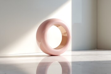 Modern abstract pink torus sculpture casting soft shadows on a sleek marble floor bathed in gentle sunlight