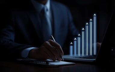 Businessman working at laptop with upward trend graph overlay