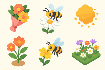 Colorful flowers and bees in springtime garden