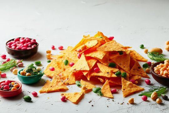 Colorful nacho chips surrounded by assorted nuts and spices on light background - Powered by Adobe