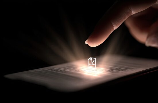 Hand hovering over a glowing document icon on a phone