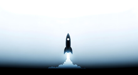 A stylized rocket ship takes off, emitting bright flames and smoke against a light blue gradient background.