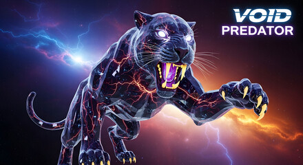 Fierce cosmic panther, glowing veins, snarling, void predator, digital art.