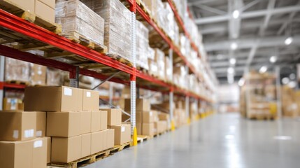 Warehouse aisle with stacked cardboard boxes arranged neatly on shelves indoors