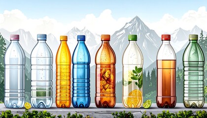 Row of colorful plastic bottles with various drinks