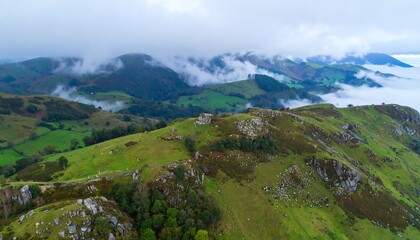 Misty mountain landscape, aerial view