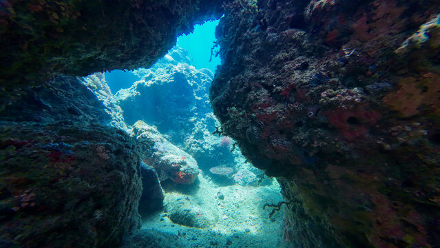 Underwater cave. View of the exit from the cave underwater. Sunlight underwater in a shallow cave. Underwater grotto. - Powered by Adobe