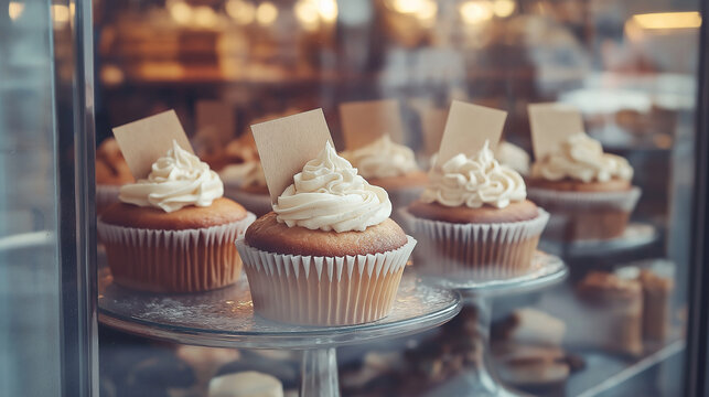 Cream-topped cupcakes with blank tags in bakery display
