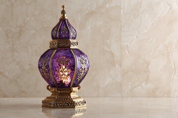 Exquisite ornate purple glass and gold lantern casting warm ambient light, perfect for creating luxurious and inviting interior decor