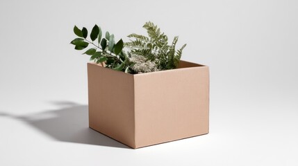 Plant inside cardboard box placed on neutral background indoors styled minimal composition
