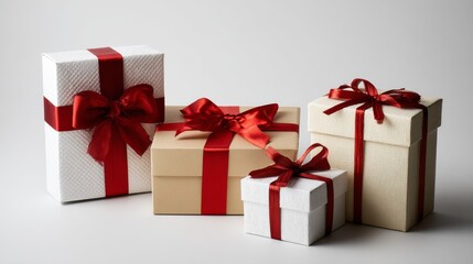 Fototapeta premium Gift boxes tied with red ribbons displayed indoors styled decorative festive composition