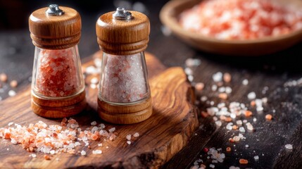 Salt and pepper shakers placed on wooden board indoors styled decorative composition