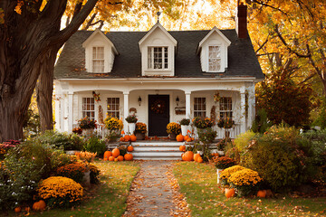 Autumnal charm: A cozy white house adorned with pumpkins and vibrant fall foliage creating a picturesque scene.