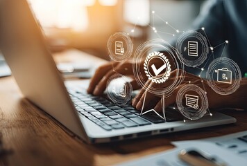 Close-up of hands typing on a laptop with graphic overlays of certification icons