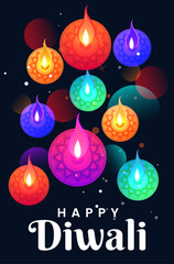 Happy Diwali Poster with Diya Lamp Vector Illustration. Indian festival of lights Design. Suitable for Greeting Card, Banner, Flyer, Template.