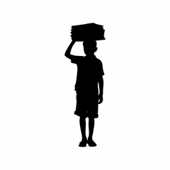 Silhouette of a young boy balancing a stack of newspapers on his head isolated on white background