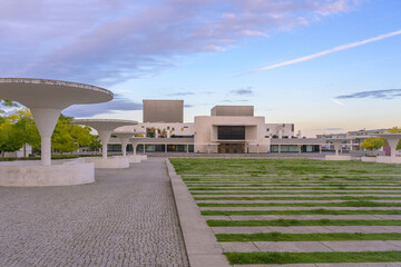 Morning tranquility in Georg Buechner Square with Hessian State Theater in Darmstadt