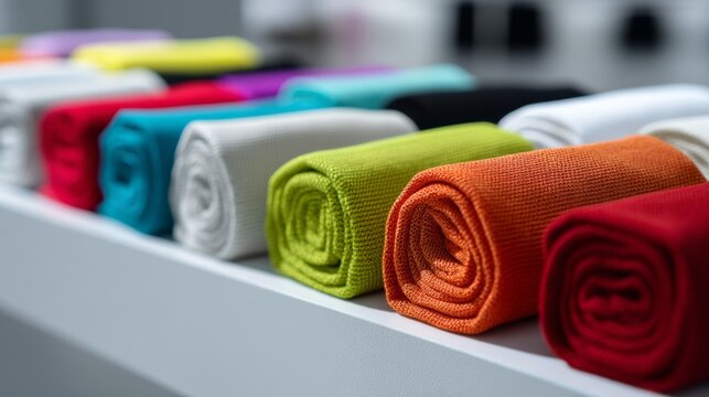 Colorful rolled towels displayed indoors styled decorative spa wellness composition scene