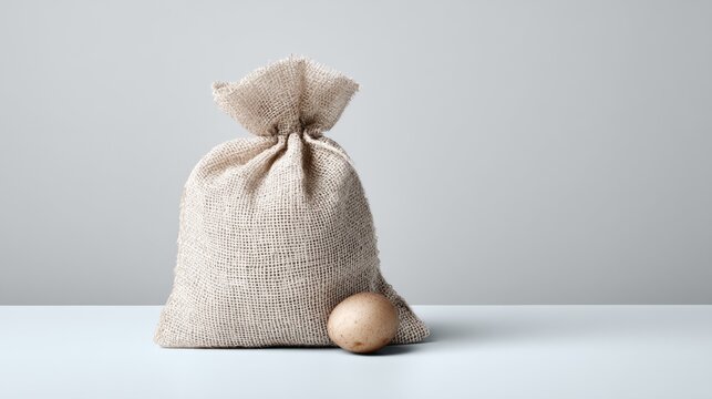 Small sack with egg indoors styled decorative rustic minimal composition scene