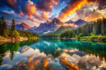 Majestic Mountain Lake Double Exposure: Nature's Timeless Harmony