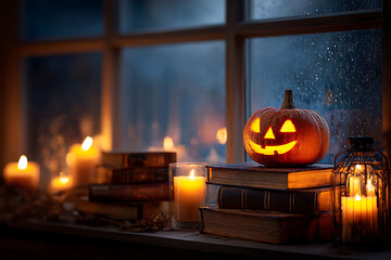 Obraz premium Halloween pumpkin on books with candles by a window with raindrops creating a cozy and festive atmosphere