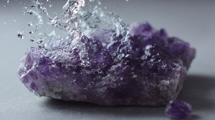 Fototapeta premium Purple gemstone crystal indoors styled decorative raw mineral composition scene