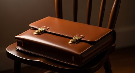 Leather Briefcase on Wooden Chair - A Classic Business Accessory.
