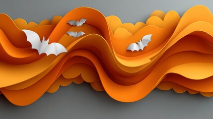 Colorful abstract Halloween landscape featuring layered waves and flying bats against a gray background