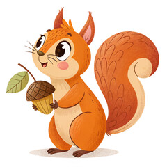 Cute cartoon squirrel holding acorn on transparent background for autumn posters, kids&rsquo; illustrations, and seasonal branding