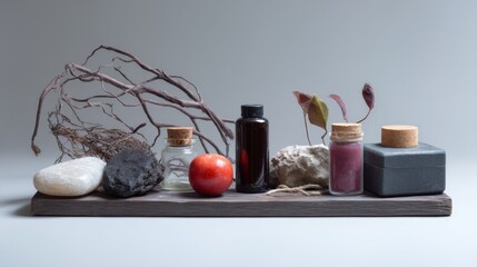 Rustic bottles with branches indoors styled decorative organic natural wellness composition photography scene