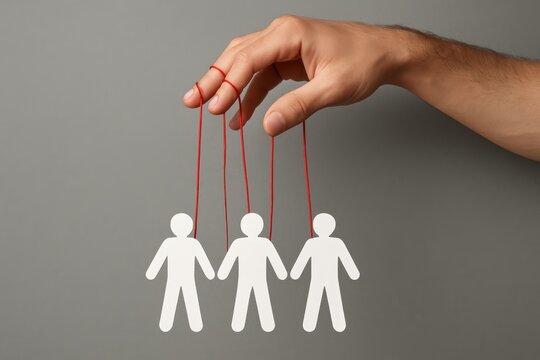 Control Concept: A hand manipulates puppet strings attached to figures, symbolizing control, power dynamics, and manipulation in a conceptual, symbolic representation.