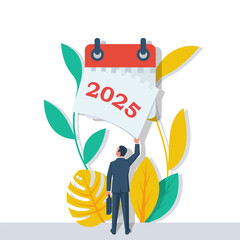 Goodbye 2025. A businessman tears off a calendar sheet of the outgoing year. Parting with coming year. Vector illustration flat design. Isolated on white background.