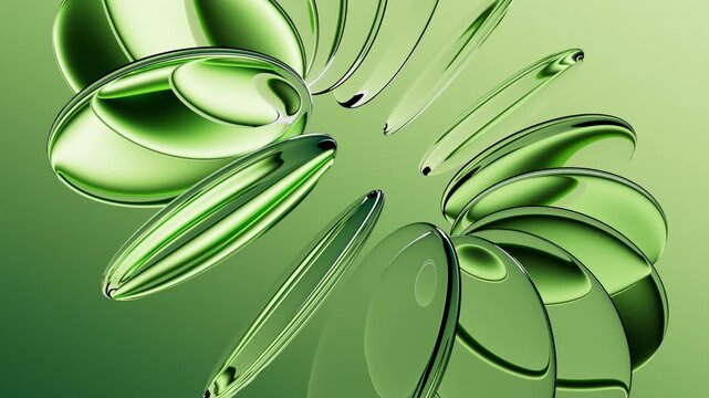 cycled 3d animation. Abstract minimalist aesthetic green background. Levitating round glass lenses spin and rotate, arranged in the shape of torus