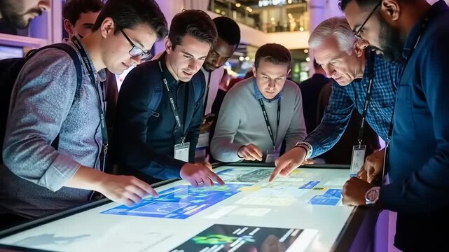 Group of professionals engaging with interactive touchscreen technology at a conference, showcasing collaboration