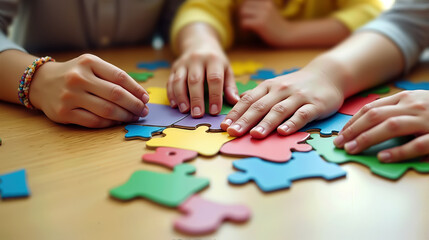 Diverse hands collaborating on colorful puzzle pieces at wooden table. Autism Acceptance Day.