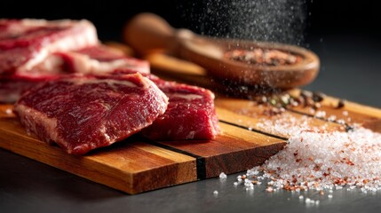Raw meat with salt indoors styled decorative culinary photography cooking composition gourmet scene