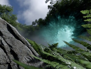 Mystical teal light bursts through lush foliage and rock