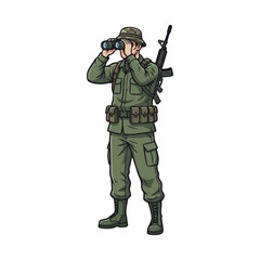 A soldier looking through binoculars during the war.