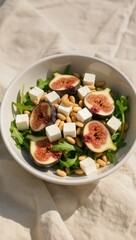 Fresh Salad with Figs Feta Cheese Pine Nuts on White Bowl Natural Light
