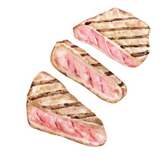 Grilled tuna steak slices watercolor illustration isolated on white background