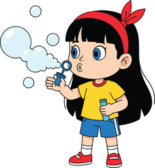 Cartoon girl blowing bubbles illustration, playful childhood activity vector, outdoor fun character design, soap bubble artwork, summer joy icon, kids’ entertainment graphic