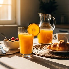 Bright Morning Breakfast - Orange Juice, Croissant, and Cereal.